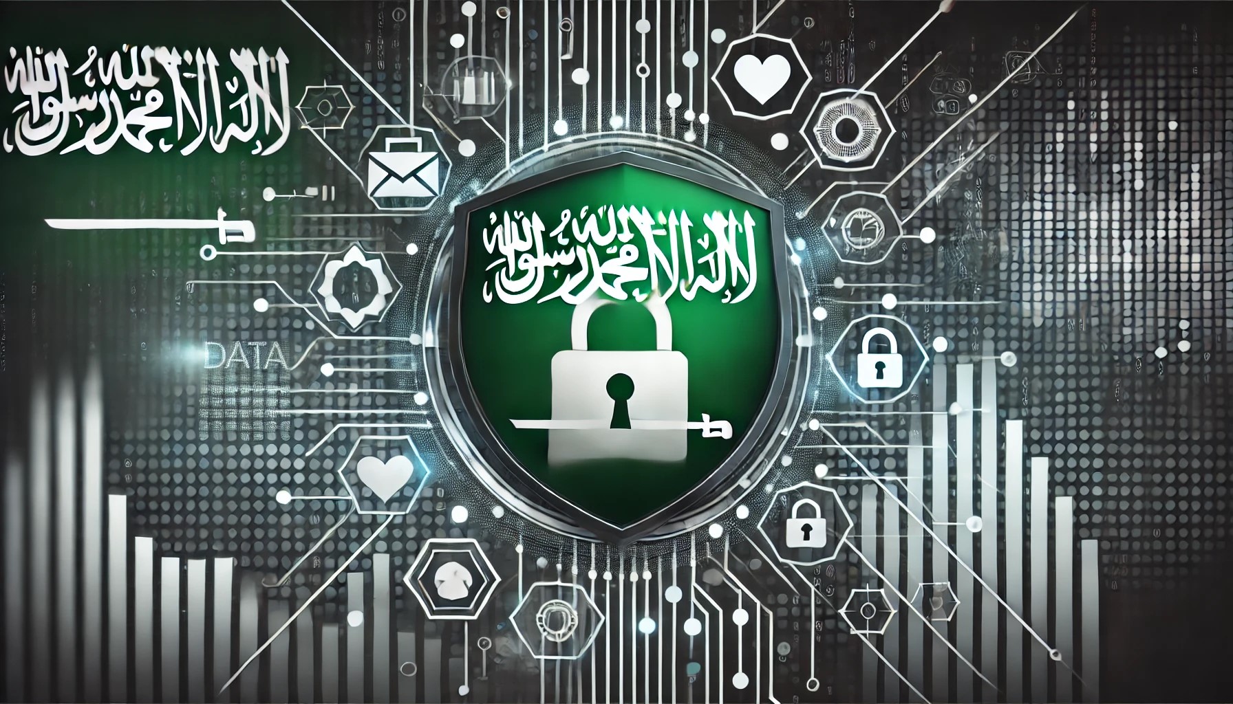 صورة تمثل حماية البيانات الشخصية في المملكة العربية السعودية، حيث تظهر رموز الأمان الرقمي مثل القفل والشبكة، مع دمج العلم السعودي في الخلفية. التصميم يعكس التقدم التكنولوجي والقوانين المتعلقة بحماية البيانات باستخدام ألوان خضراء وبيضاء وسوداء لتعكس الطابع السعودي