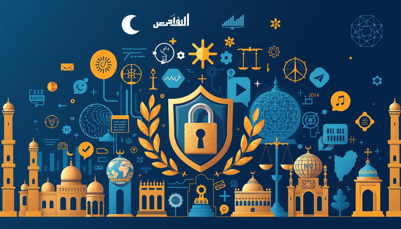 صورة تمثل قوانين حماية البيانات الشخصية في الدول العربية مع شاشة كمبيوتر تعرض رمز أمان وخريطة تبرز منطقة العالم العربي.