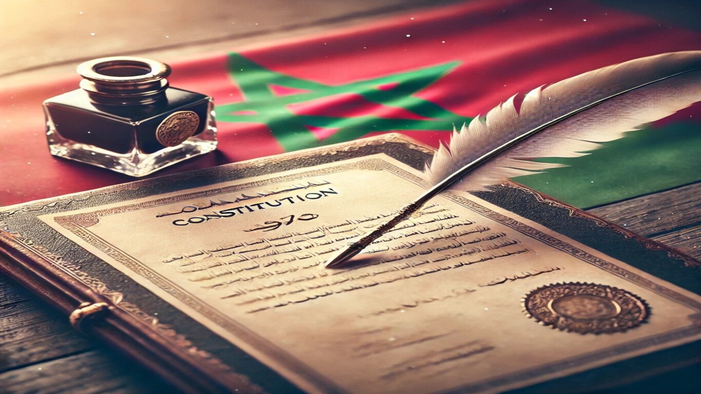 نسخة قديمة من دستور 1970 المغربي موضوعة على طاولة خشبية قديمة بجوار قلم حبر تقليدي وريشة طائر، مع خلفية هادئة تبرز ألوان العلم المغربي بوضوح