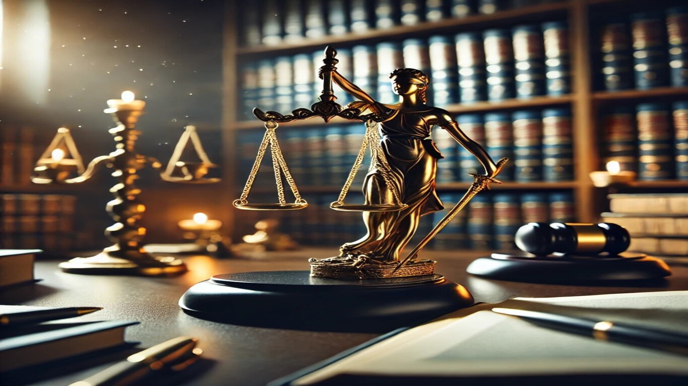 ميزان العدالة الذهبي على مكتب قاضٍ محاط بوثائق قانونية ومكتبة خلفية، يعبر عن مشروع تعديل المسطرة الجنائية المغربية