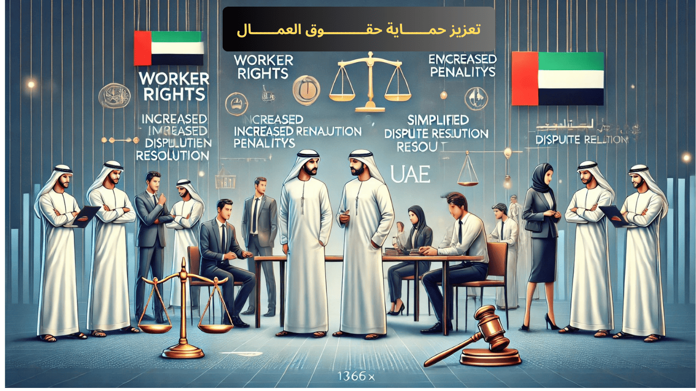صورة تعبر عن تعديلات قانون العمل الإماراتي لعام 2024 تشمل تعزيز حماية حقوق العمال، زيادة الغرامات على المخالفات، وتبسيط إجراءات حل النزاعات العمالية، برعاية وزارة الموارد البشرية والتوطين."