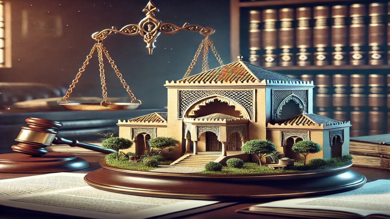 صورة لمحكمة مع ميزان العدل وعقد قانوني في المقدمة يرمز إلى النزاعات المتعلقة بتفويت العقارات بموجب الوكالة.