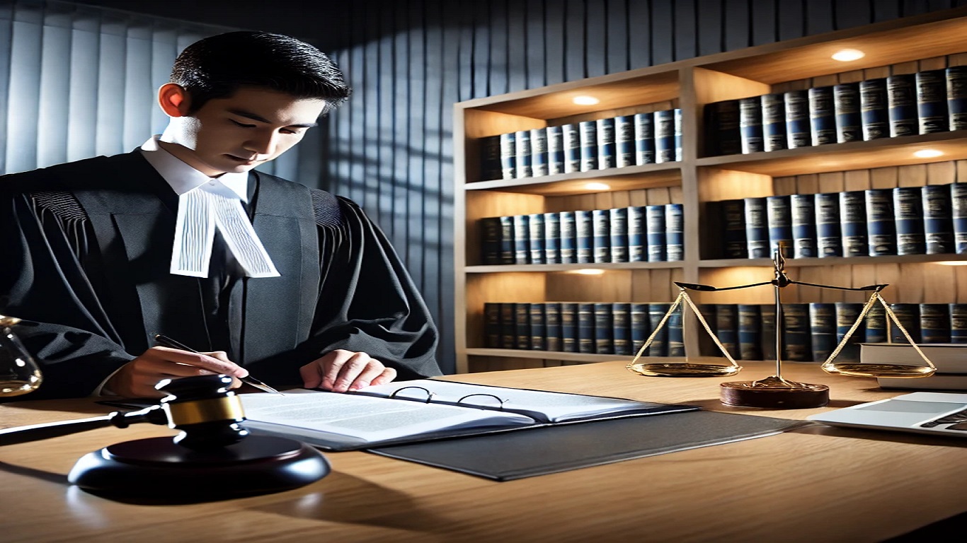 مشهد داخل قاعة محكمة يظهر قاضياً يراجع وثيقة قانونية، مع رموز العدالة مثل الميزان وكتب قانونية مرتبة في الخلفية