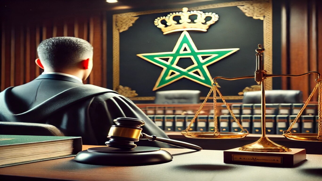 مشهد لقاعة محكمة مغربية مع قاضٍ يرتدي الجبة السوداء، وشعار المملكة المغربية في الخلفية، وميزان العدالة الذهبي على الطاولة، مما يرمز إلى العدالة والقانون