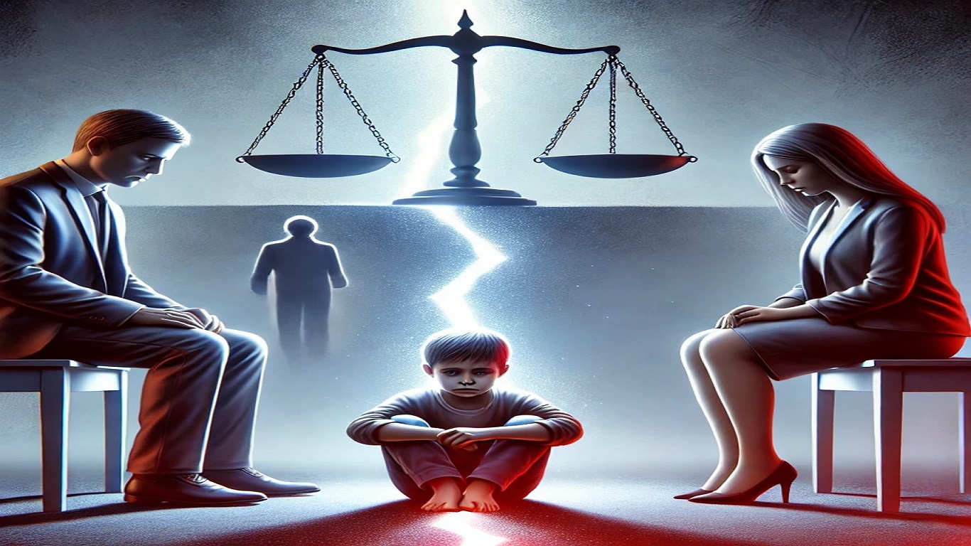 صورة تعبر عن تأثير الطلاق وإهمال الأسرة على الأطفال، يظهر طفل جالس بين والديه المنفصلين، مع موازين عدالة غير متوازنة في الخلفية