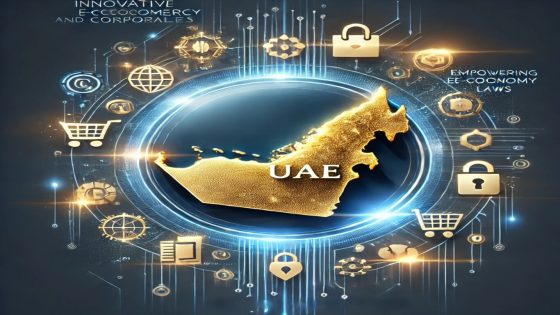 خريطة الإمارات العربية المتحدة محاطة بأيقونات التجارة الإلكترونية والتكنولوجيا، تعبر عن التقدم التشريعي في المجال التجاري والرقمي.