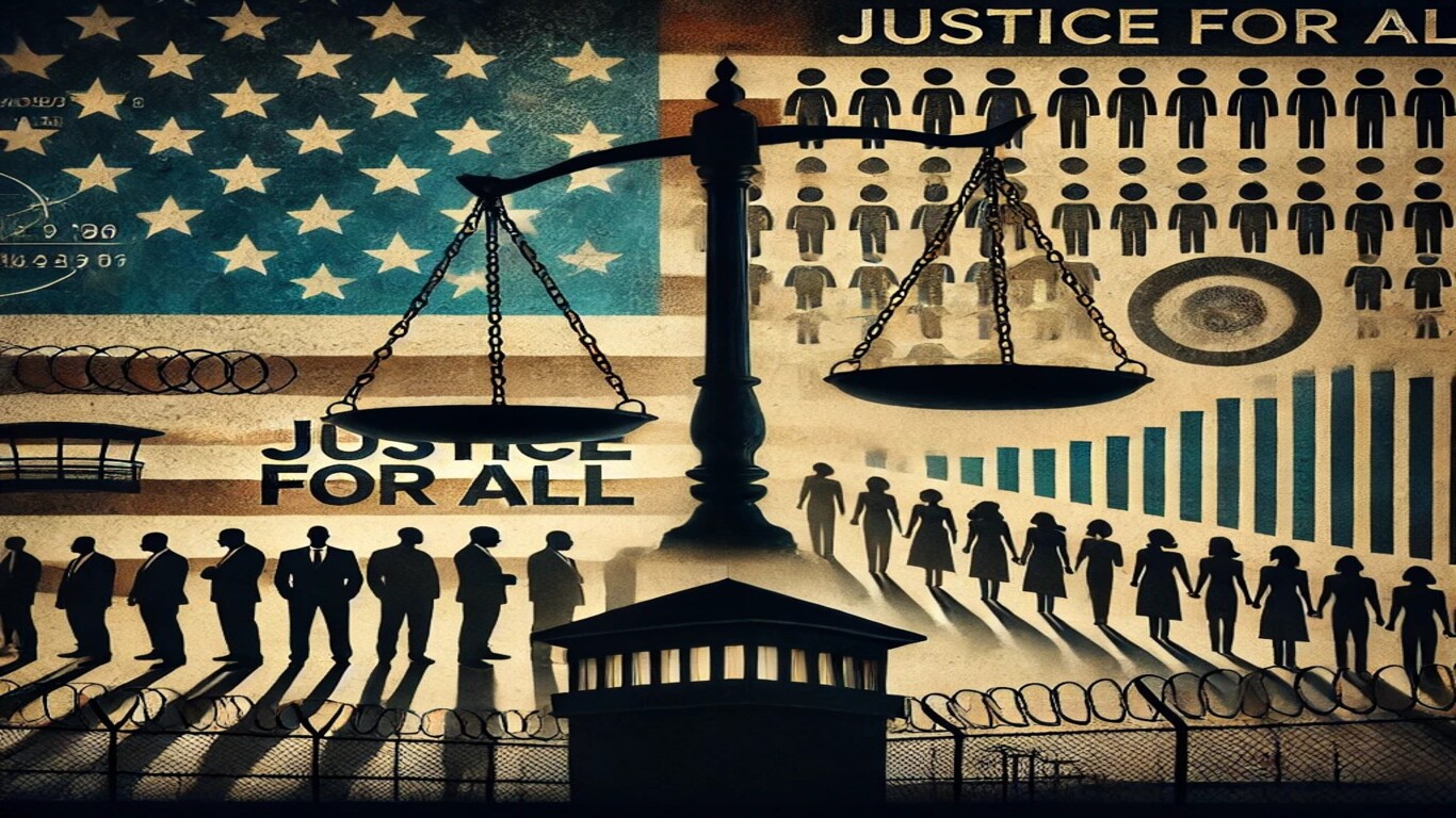 ميزان العدالة وسط خلفية مظلمة مع شخصيات تمثل التنوع العرقي، وأسلاك شائكة في الخلفية، توضح معدلات الاحتجاز في الولايات المتحدة وتحديات الفوارق العرقية