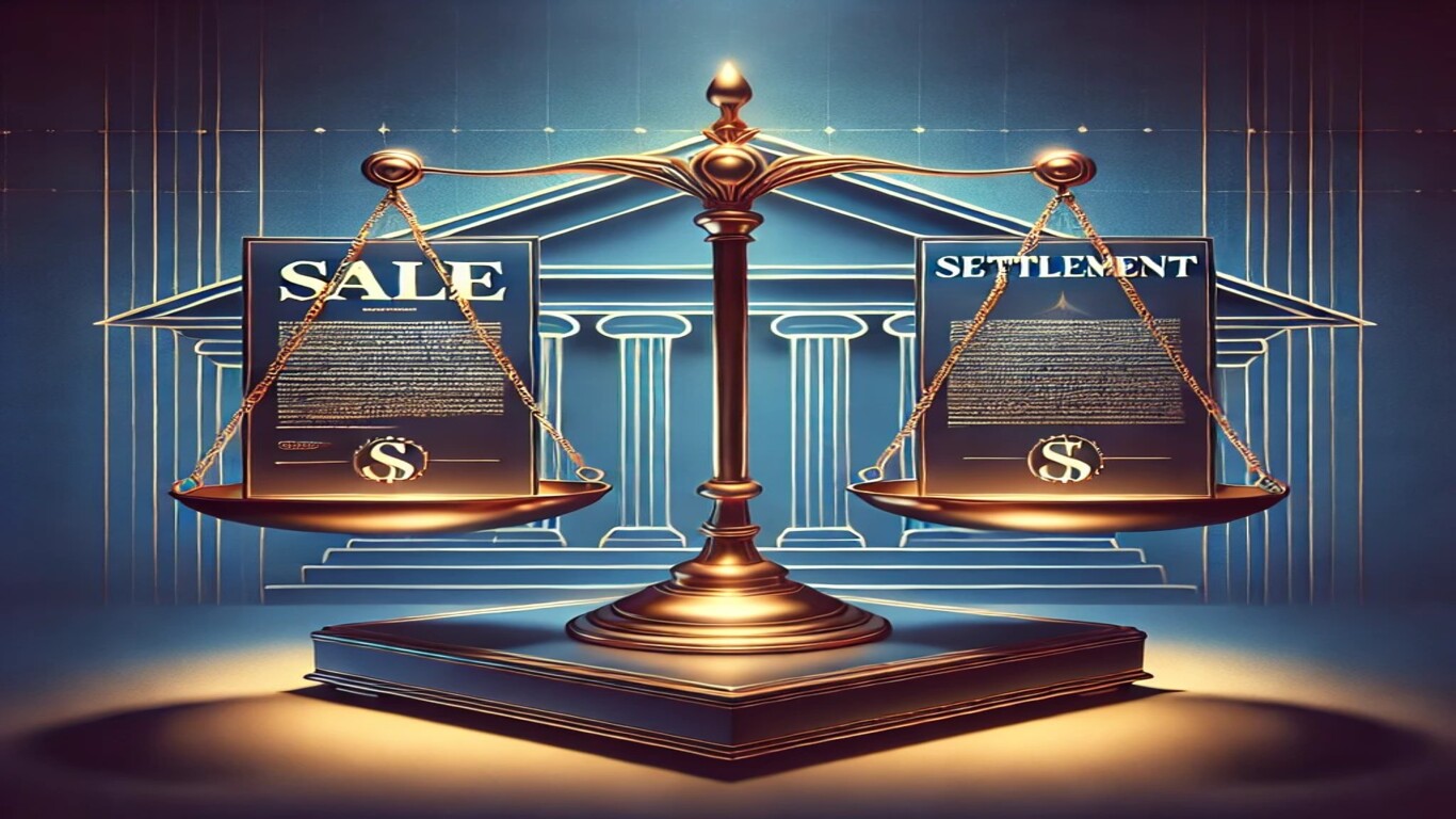 ميزان عدالة يحمل وثيقتين: "بيع" و"صلح"، مع خلفية لمحكمة ترمز إلى العدالة القانونية، والميزان يميل نحو الصلح.