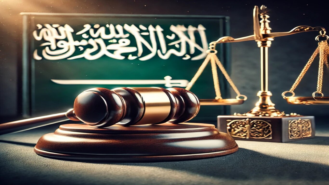 صورة رمزية لقرار قضائي، تتضمن مطرقة القاضي وميزان العدل فوق كتاب قانوني، مع خلفية داكنة وعلم سعودي خافت.