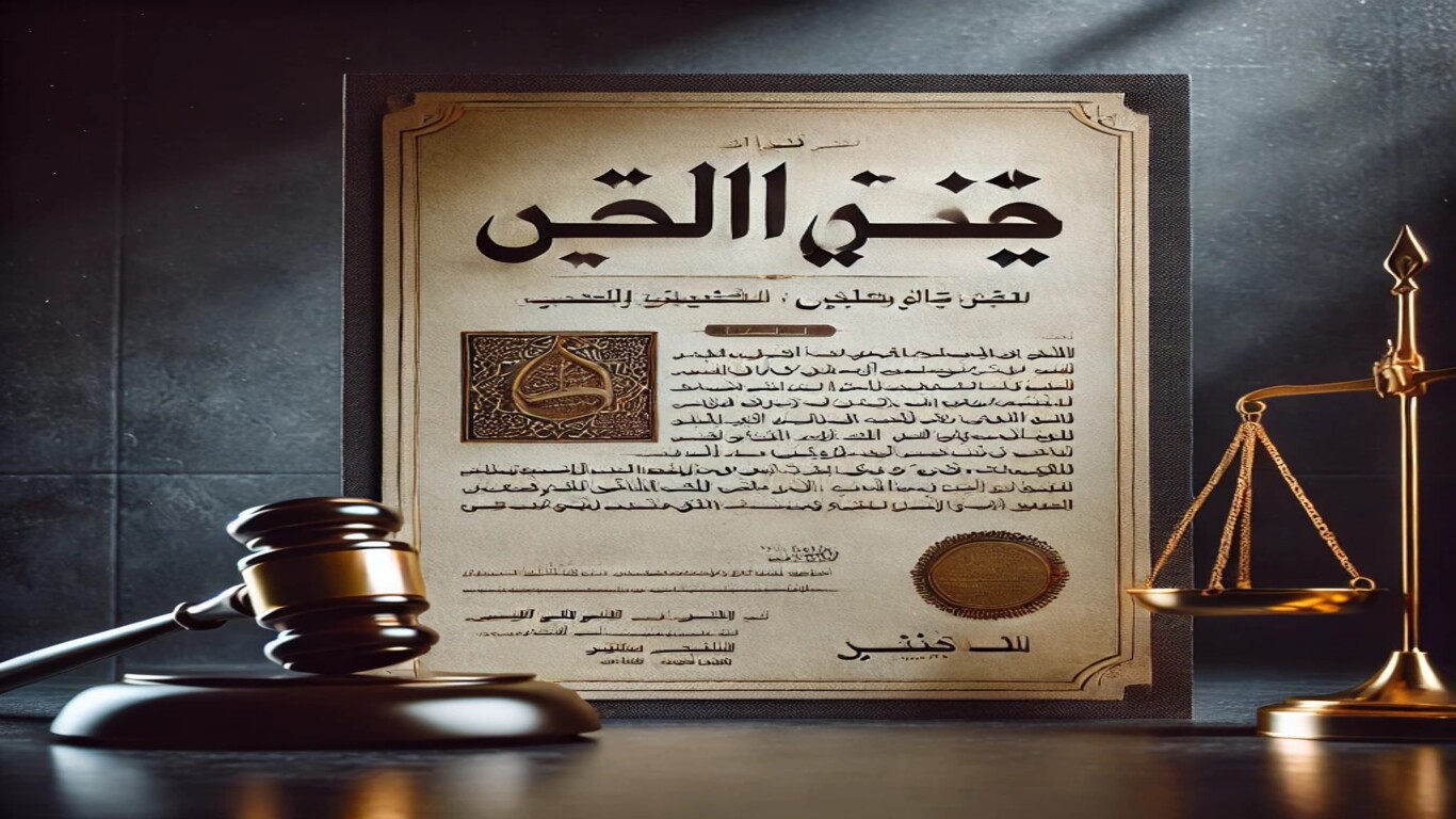 وثيقة قانونية رسمية بعنوان "قرار محكمة النقض برفض طلب إلغاء قرار الهدم"، مع ميزان العدالة ومطرقة القاضي على خلفية داكنة.