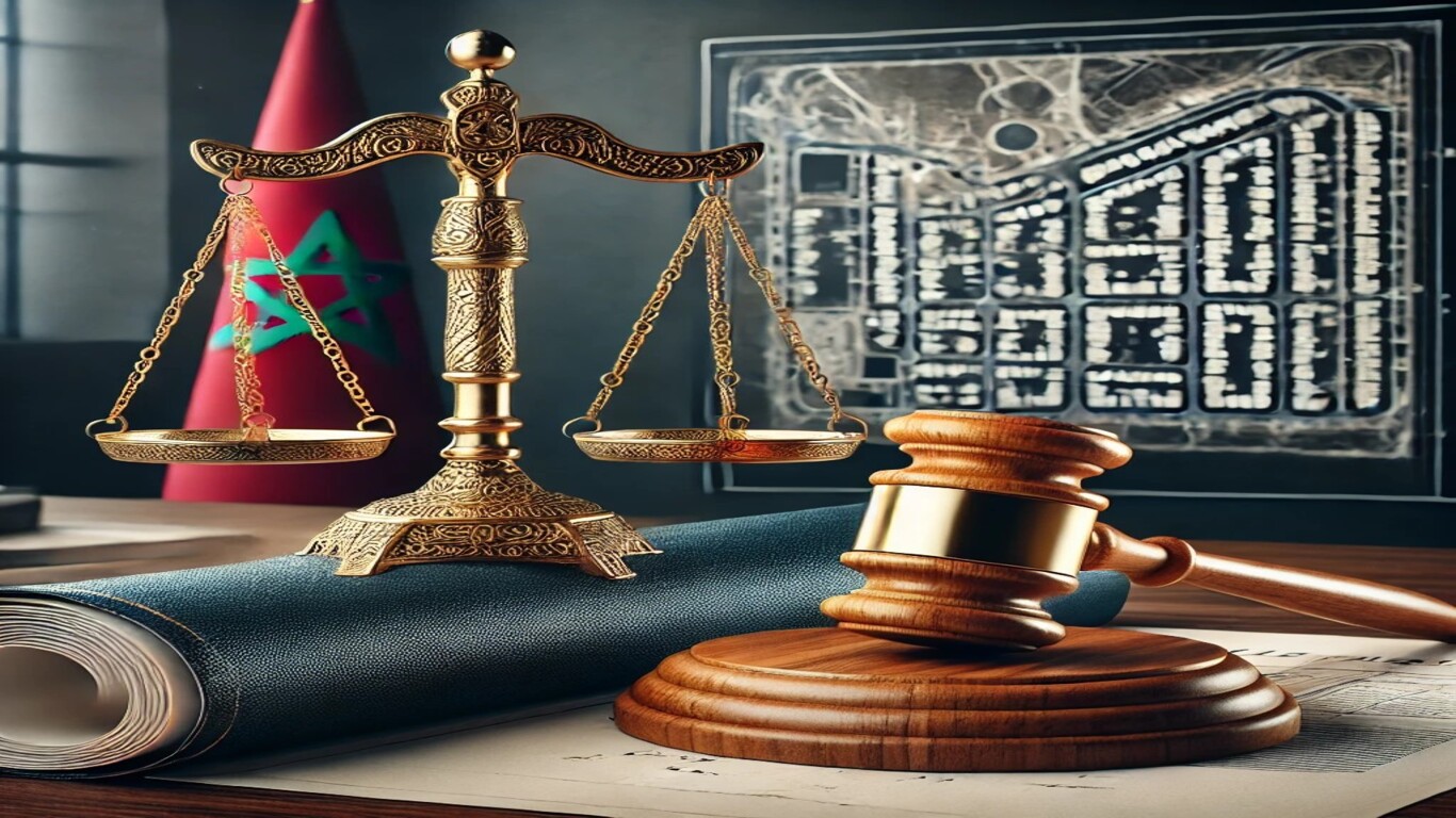 صورة رمزية لقرار محكمة حول تصميم التهيئة، تتضمن ميزان العدالة، مطرقة القاضي، مخطط عمراني، وعلم المغرب.