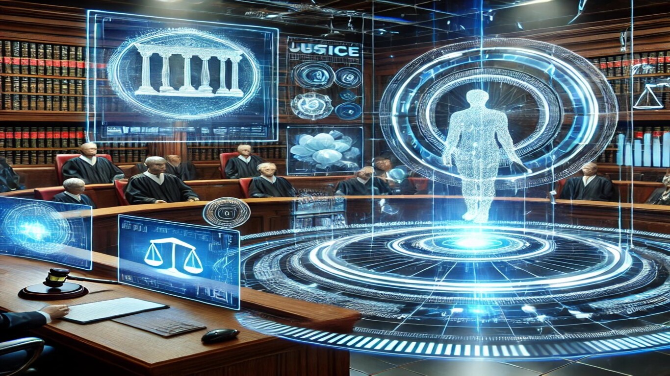 قاعة محكمة رقمية مستقبلية تعرض قاضياً يستخدم التكنولوجيا الحديثة، مع شاشات تفاعلية ووثائق هولوغرافية مضيئة.