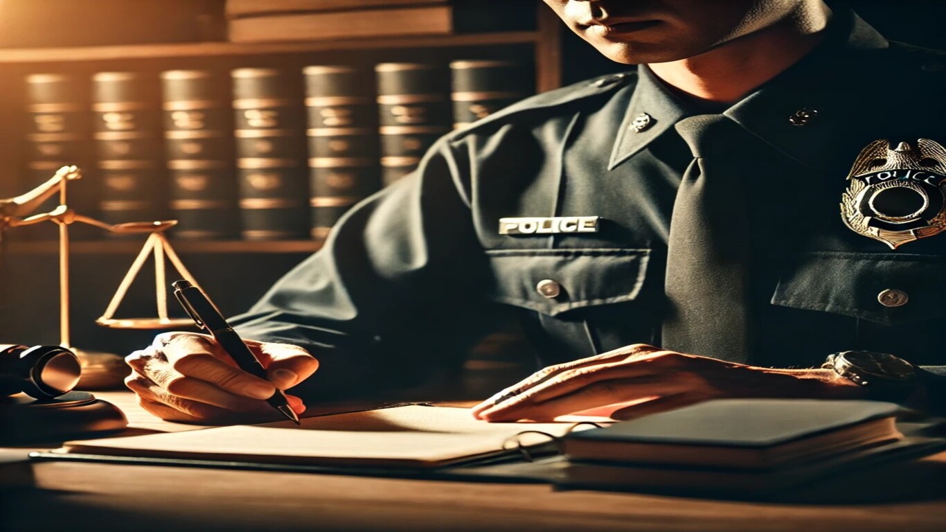 ضابط شرطة يحرر محضرًا قانونيًا في مكتب تحقيق رسمي، مع مطرقة القاضي وكتب القانون في الخلفية.