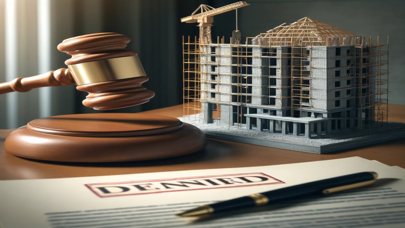 "مطرقة قاضٍ تضرب على المنصة مع مبنى غير مكتمل في الخلفية ووثيقة قانونية مختومة بعبارة ’مرفوض‘، ترمز إلى قرار قضائي بإيقاف أشغال البناء."