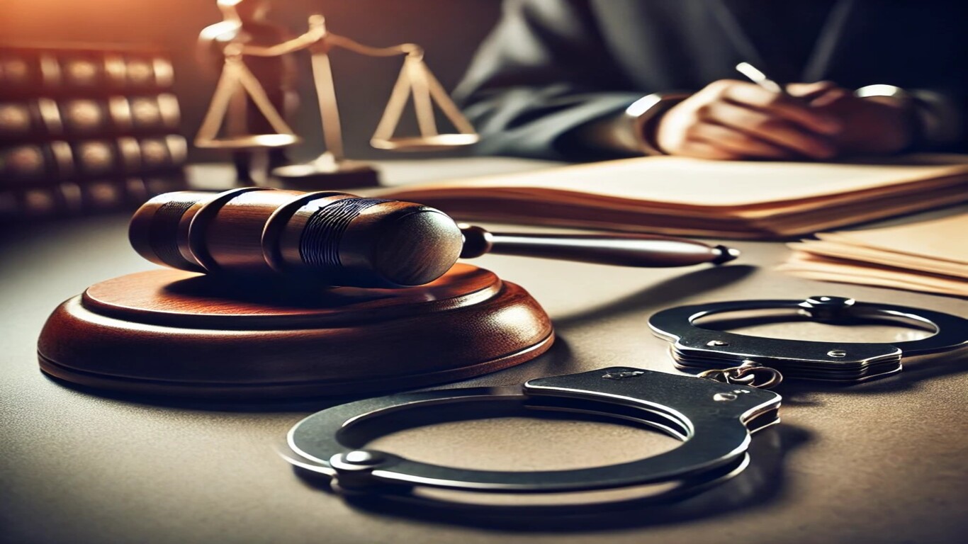 مطرقة قاضٍ بجانب أصفاد معدنية ومستندات قانونية، ترمز إلى العدالة والإجراءات الجنائية.