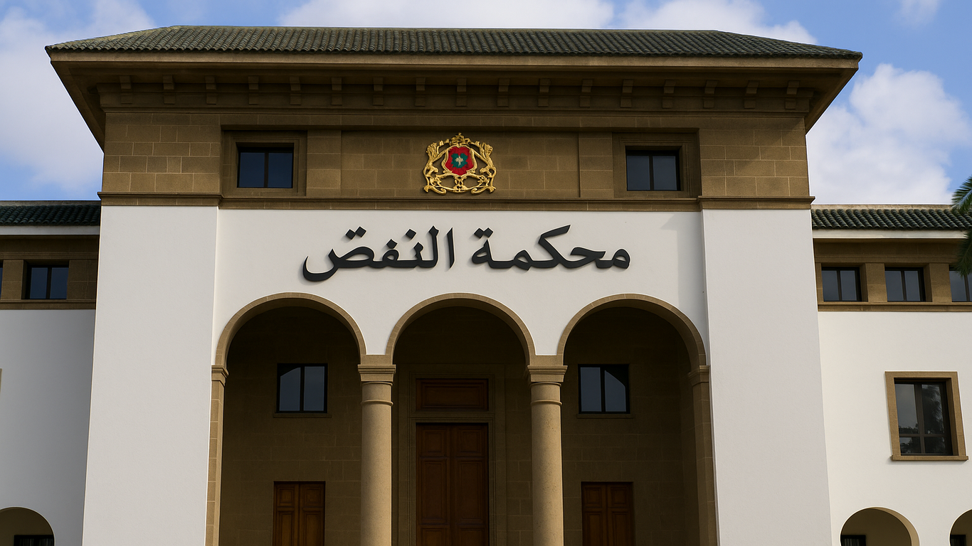واجهة محكمة النقض المغربية تتوسطها ثلاثة أقواس واسم المحكمة مكتوب بخط عربي مع شعار المملكة المغربية في الأعلى.