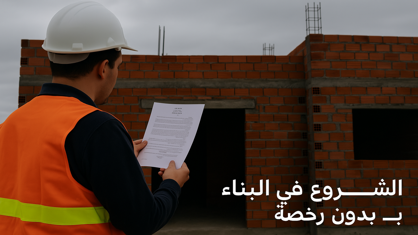 عامل بناء يقف فوق سطح مبنى غير مكتمل بدون ترخيص، مرتدياً معدات السلامة، في ورشة بناء غير مرخصة.