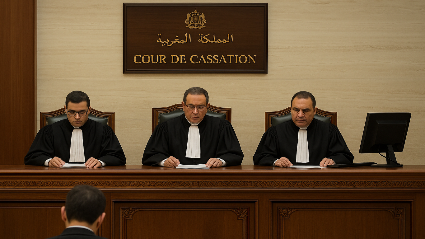 مشهد داخلي لمحكمة النقض بالمغرب، يظهر فيه ثلاثة قضاة يجلسون خلف منصة رسمية وهم يتفحصون وثائق قضائية في قاعة محكمة مزينة بخشب تقليدي.