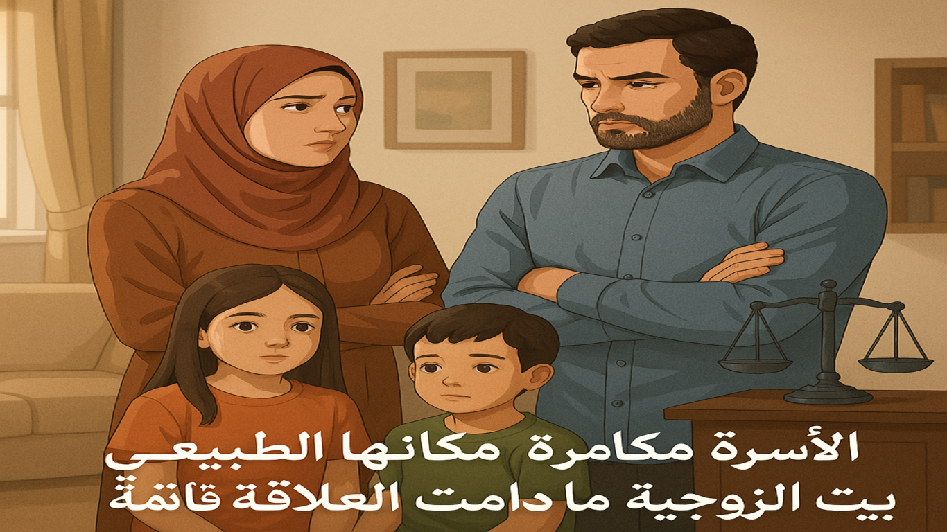 أسرة مغربية داخل بيت الزوجية في مشهد يعكس الاستقرار الأسري، مع ظهور ميزان العدالة للدلالة على قرار قضائي يخص العلاقة الزوجية والحضانة.
