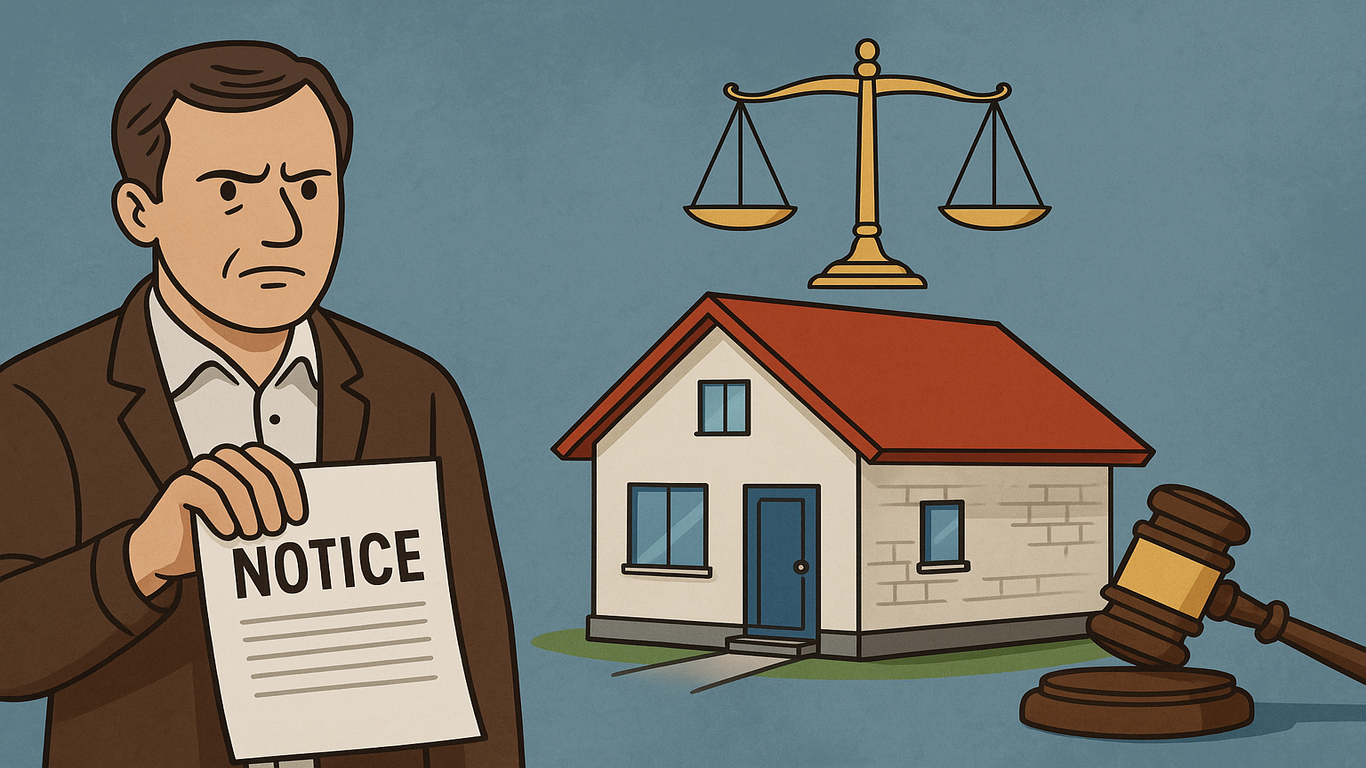 منزل وميزان عدالة ومطرقة قاضٍ مع شخصين يمثلان المكري والمكتري في مشهد قانوني يرمز لنزاعات الكراء