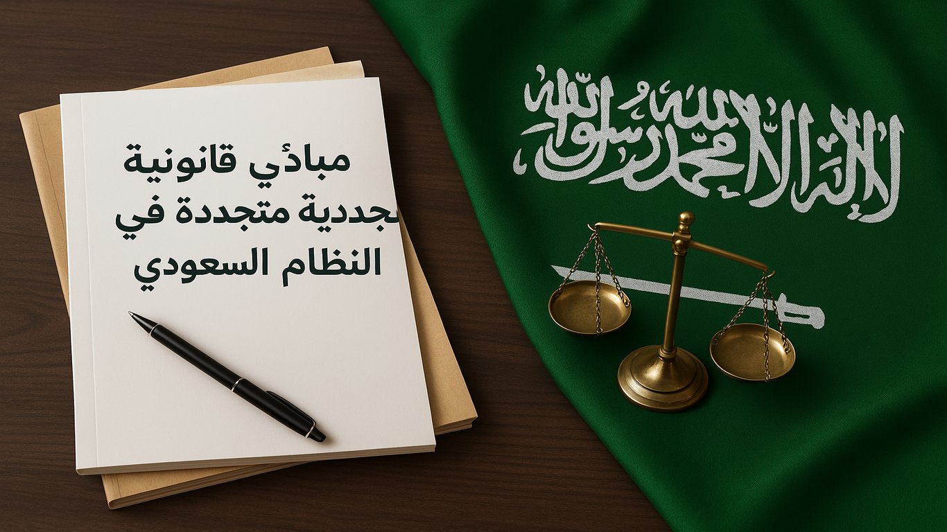 صورة قانونية رقمية تُظهر ميزان العدالة الذهبي فوق كتاب مفتوح، مع رموز تشريعية تعكس المبادئ القانونية المدنية في السعودية مثل التعويض، التعاقد، والمسؤولية.