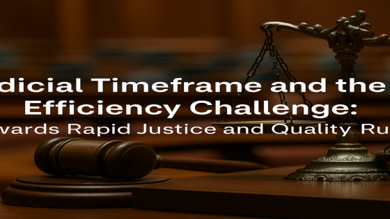 مطرقة قاضٍ فوق كتاب قانوني مفتوح مع عبارة "Judicial Time Efficiency | Efficacité du Temps Judiciaire" في المنتصف، تعبيرًا عن أهمية نجاعة الزمن القضائي.