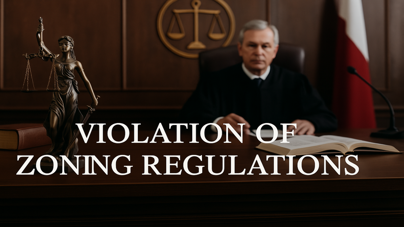 مشهد في قاعة محكمة يظهر فيه قاضٍ وتمثال ميزان العدالة ونص بارز يقول: "انتهاك ضوابط التهيئة".