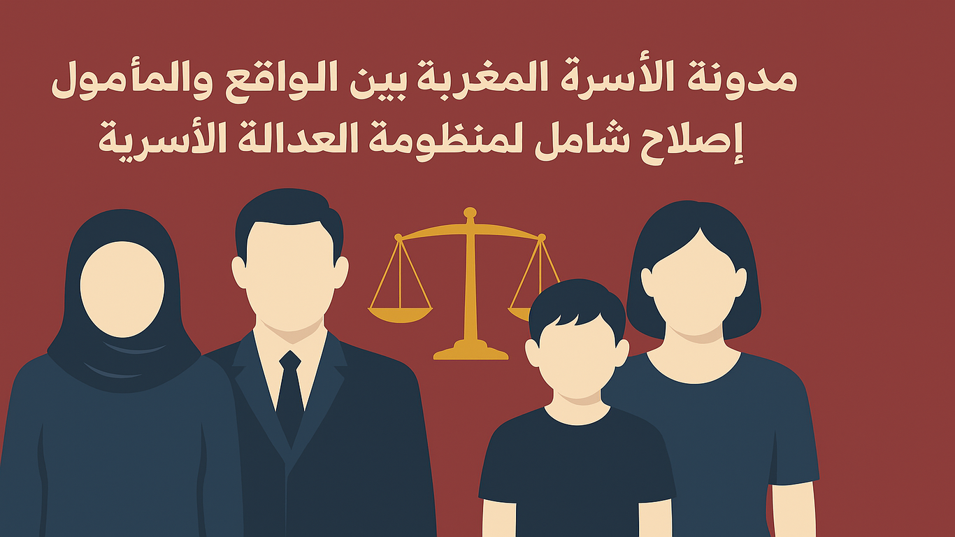 عائلة مغربية مكونة من أربعة أفراد يقفون أمام ميزان العدالة، مع عنوان بالعربية حول إصلاح مدونة الأسرة المغربية.