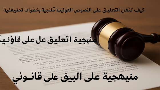 مطرقة قاضي موضوعة على وثيقة قانونية مع نص عربي يتحدث عن منهجية التعليق على النصوص القانونية.