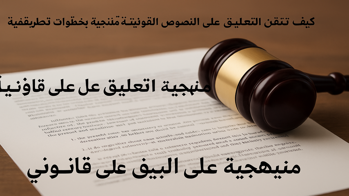 مطرقة قاضي موضوعة على وثيقة قانونية مع نص عربي يتحدث عن منهجية التعليق على النصوص القانونية.