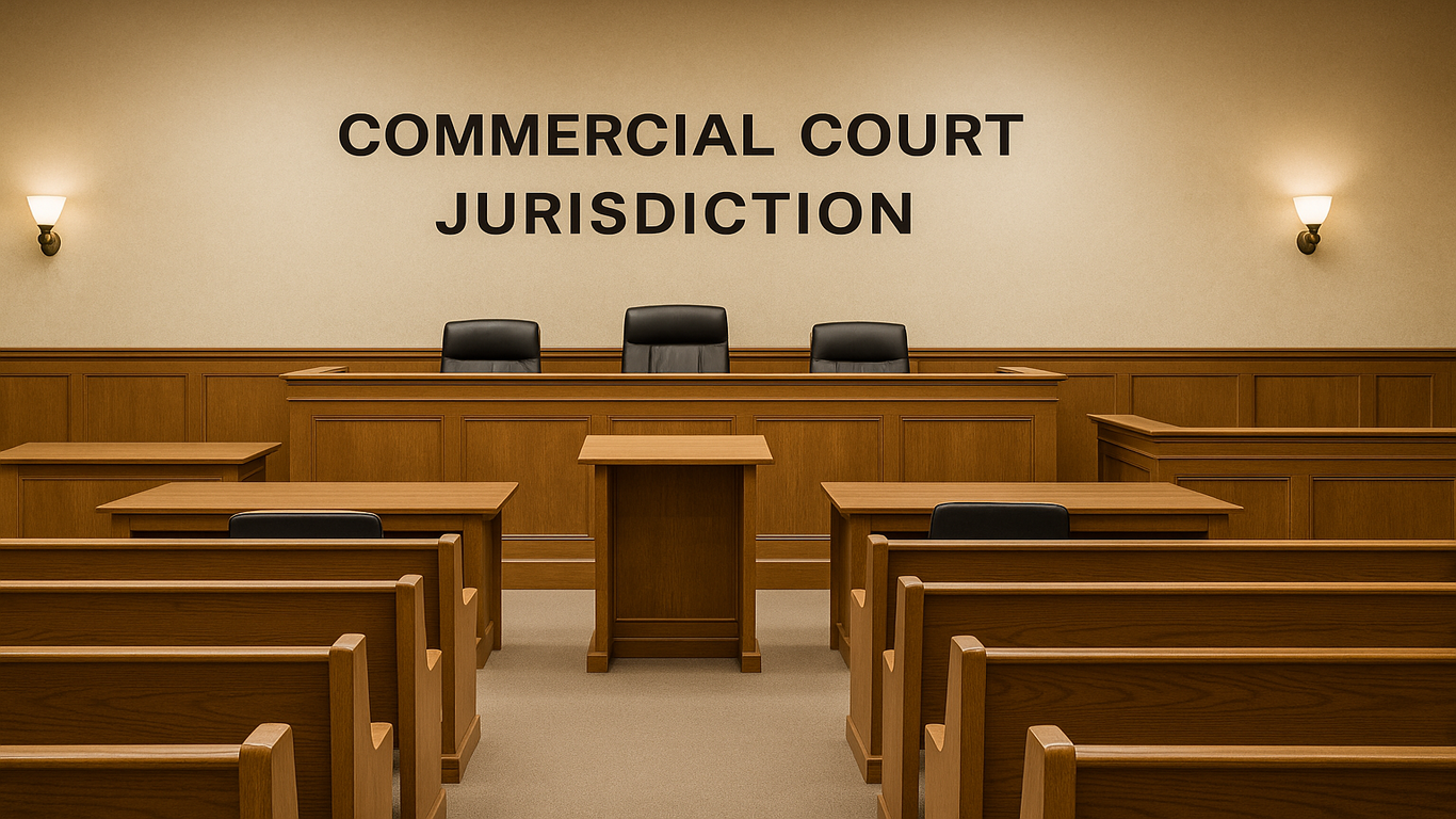 قاعة محكمة تجارية فارغة بتصميم خشبي كلاسيكي وعبارة "اختصاص المحكمة التجارية" مكتوبة على الجدار الخلفي.