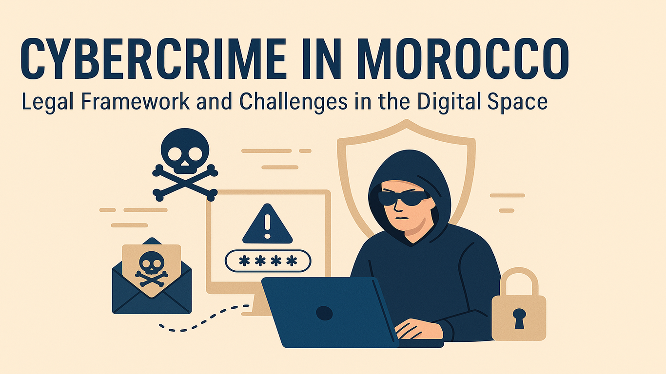 رسم توضيحي يظهر مجرمًا إلكترونيًا يجلس أمام حاسوب محمول، مع رموز تدل على الاختراق والتهديدات الرقمية، ويعكس موضوع الجرائم الإلكترونية في المغرب.