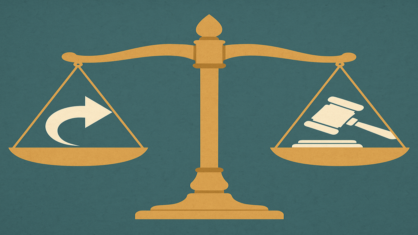 ميزان ذهبي متوازن، إحدى كفتيه تحتوي على مطرقة قاضٍ، والأخرى على سهم منحني يمثل الاستئناف، على خلفية زرقاء داكنة.