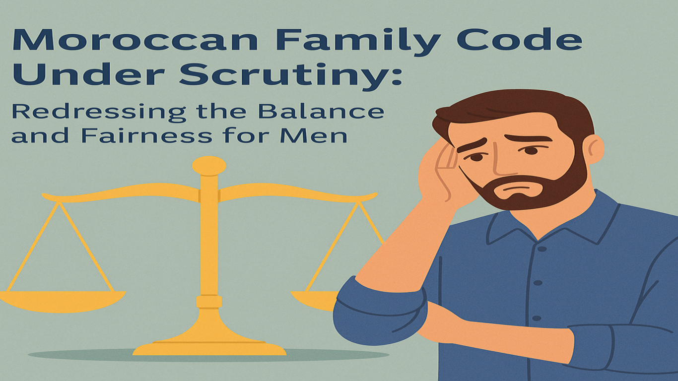 رجل مغربي يقف بجانب ميزان العدالة الذهبي مع عنوان إنجليزي يدعو لإعادة التوازن في مدونة الأسرة المغربية لصالح الرجال.