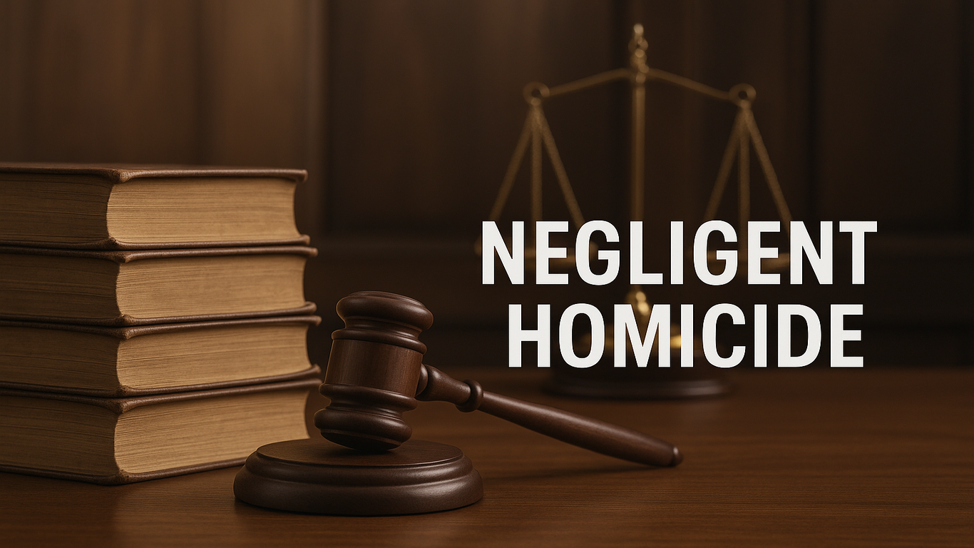 مشهد داخل قاعة محكمة يتضمن ميزان العدالة ومطرقة القاضي وكتب قانونية، مع عنوان "القتل غير العمد".