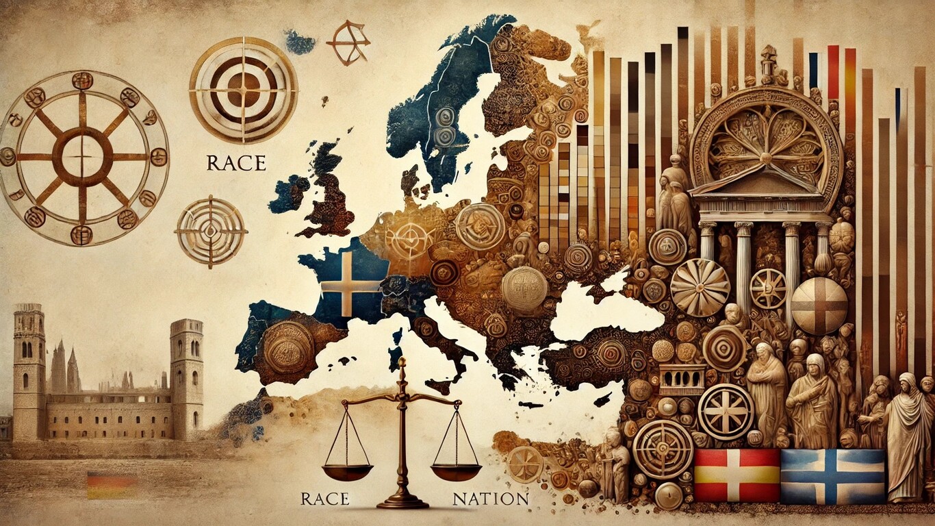 لوحة رمزية تُصوّر تطوّر مفهوم الأمة في أوروبا من الإمبراطوريات القديمة إلى الدول الحديثة، مع ميزان يميل نحو مفهوم "الأمة" مقابل "العرق"، وخريطة متدرجة من الإمبراطورية الرومانية إلى الحدود الوطنية الحديثة.