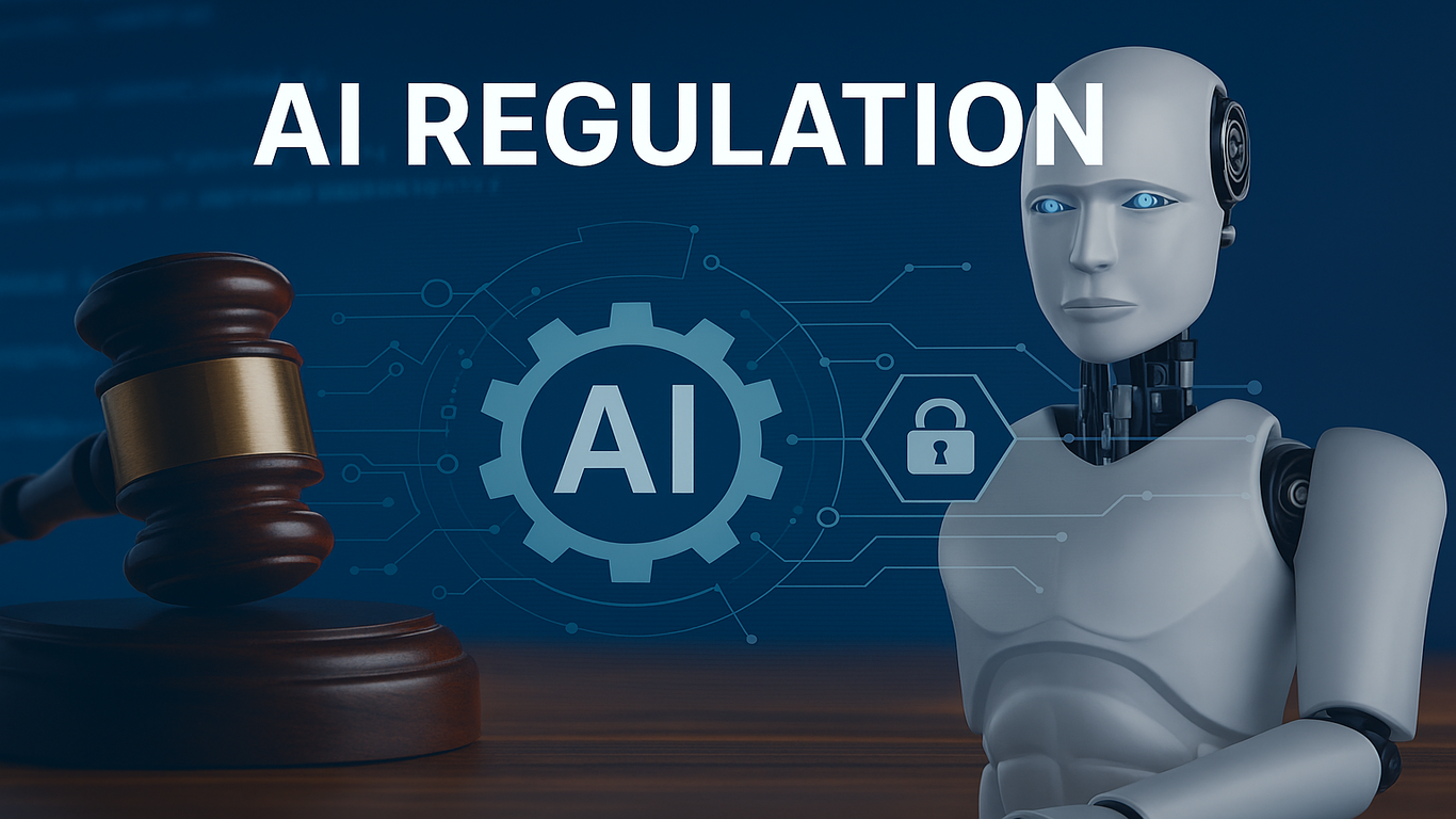 روبوت بشري إلى جانب مطرقة قاضٍ ورمز AI في خلفية رقمية، يرمز إلى تنظيم الذكاء الاصطناعي والتشريعات القانونية المتعلقة به.