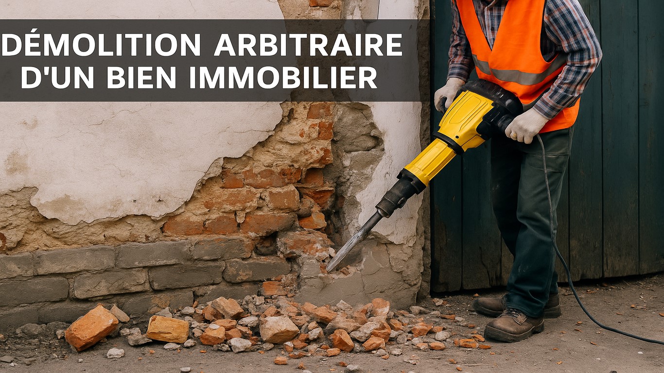 عامل يستخدم مثقاب كهربائي لهدم جدار طوب قديم بجوار باب خشبي، مع عنوان فرنسي يشير إلى هدم تعسفي لعقار.