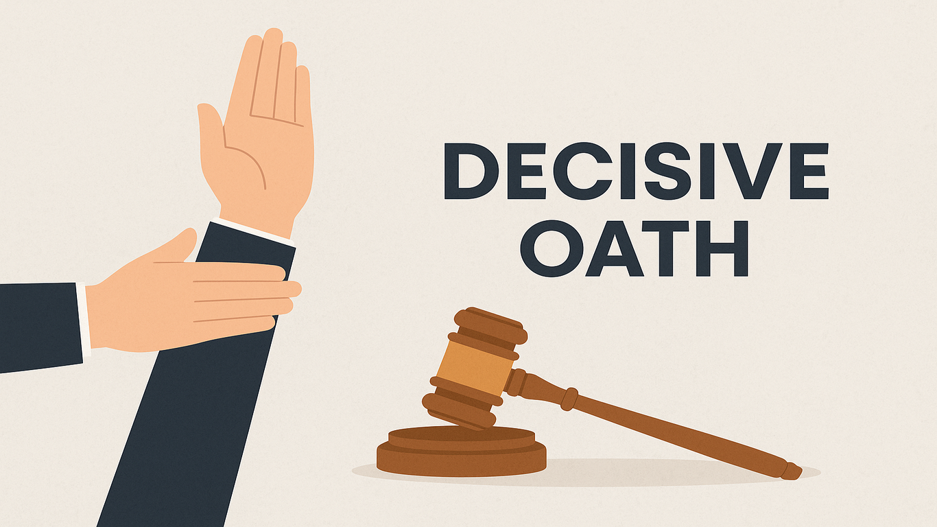 رسم توضيحي ليد ترفع لأداء اليمين بجانب مطرقة قاضٍ ونص مكتوب "DECISIVE OATH"، يعبر عن مفهوم اليمين الحاسمة في السياق القضائي.
