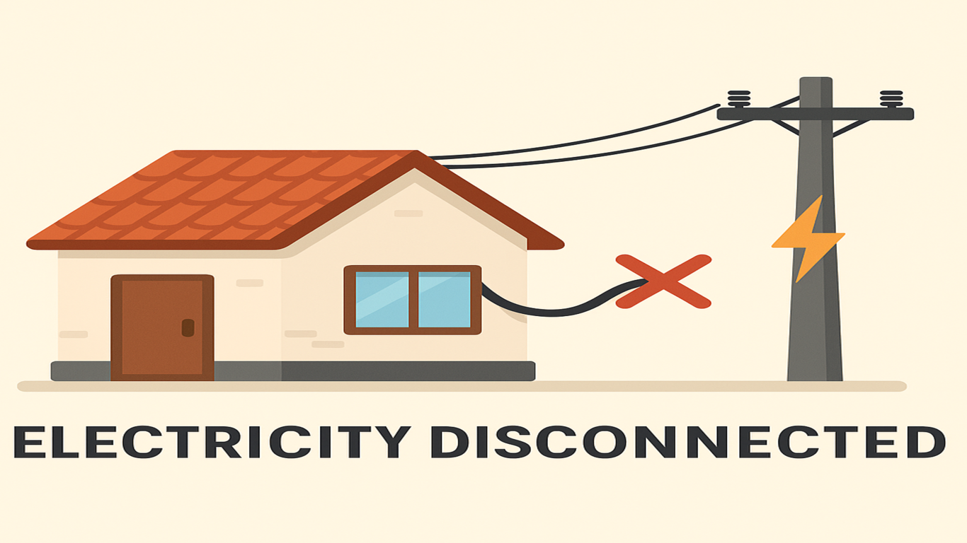 Flat illustration of a house disconnected from a power pole, with a red "X" on the severed electric cable and the caption "ELECTRICITY DISCONNECTED."