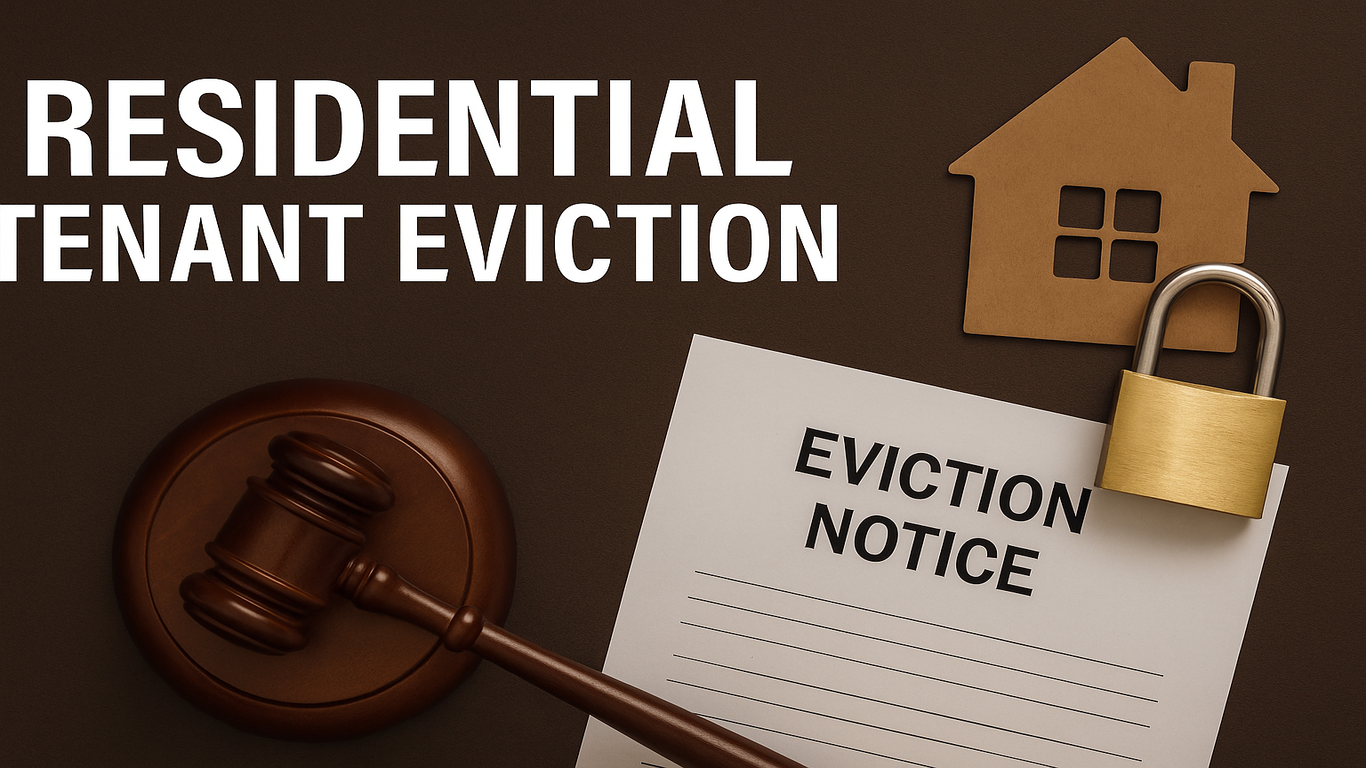 مطرقة قاضٍ، إشعار بالإفراغ، قفل ذهبي، ورمز منزل، تمثل مفاهيم قانونية مرتبطة بإفراغ السكن وحقوق المِلكية.