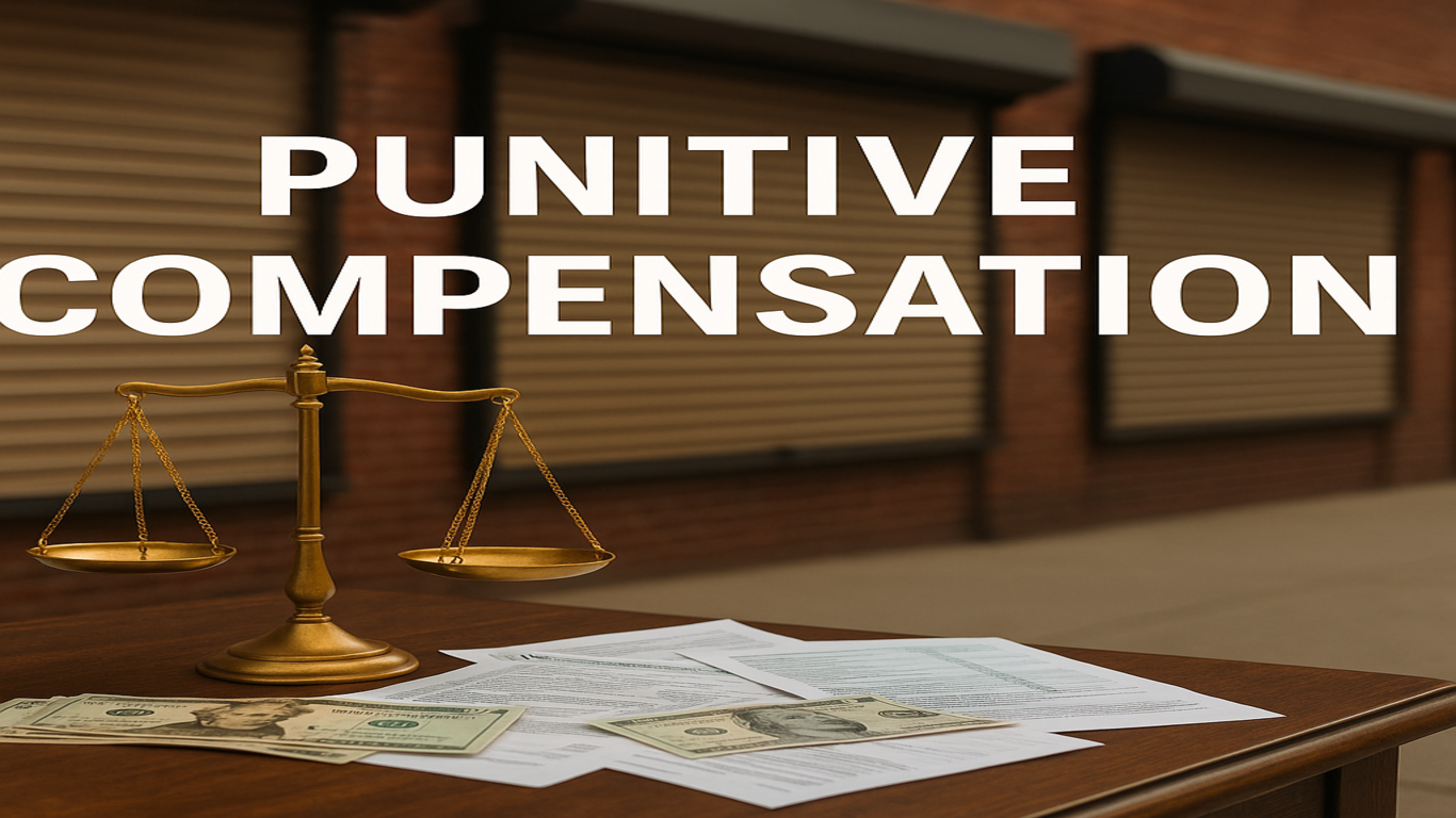 ميزان العدالة فوق طاولة مع أوراق ضريبية ونقود، وخلفية لمحلات تجارية مغلقة، مع عنوان مكتوب "PUNITIVE COMPENSATION".