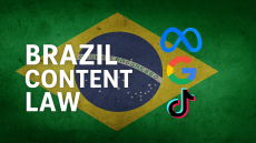 صورة تحتوي على علم البرازيل مع شعارات Google وMeta وTikTok، مكتوب عليها: BRAZIL CONTENT LAW، وتعكس موضوع المسؤولية القانونية لمنصات التواصل الاجتماعي في البرازيل.