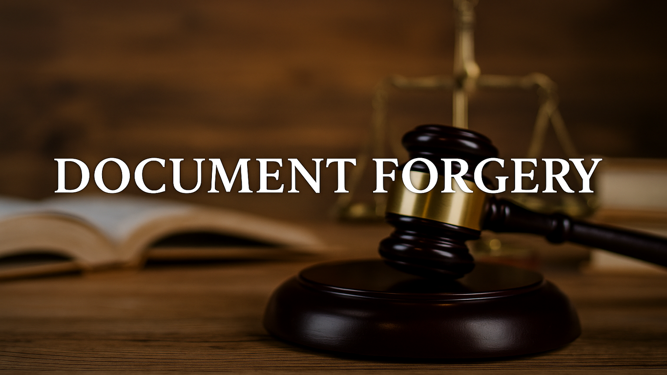 صورة رمزية تظهر ختم قاضٍ وميزان عدالة مع عنوان "Document Forgery" تعكس موضوع التزوير في الوثائق القانونية.