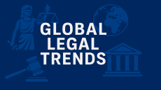 صورة تحمل عنوان "Global Legal Trends" وتضم رموزًا قانونية تمثل العدالة والنظام القانوني الدولي.