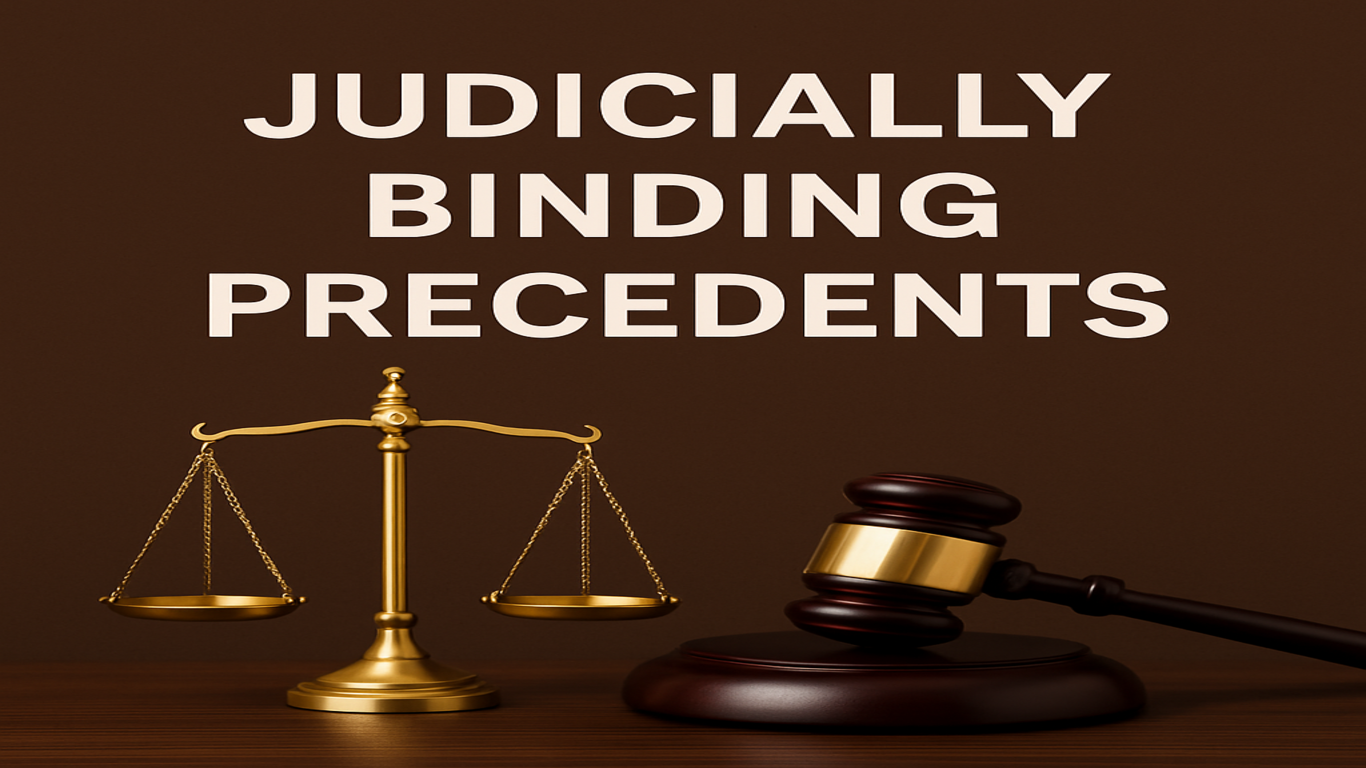 صورة لميزان العدالة ومطرقة القاضي مع عنوان "Judicially Binding Precedents" مكتوب في الأعلى.