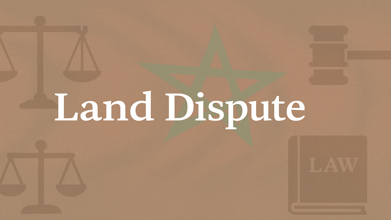 صورة بخلفية قانونية تحتوي على ميزان ومطرقة وعدة رموز للعدالة، يتوسطها عنوان "Land Dispute" بالإنجليزية.