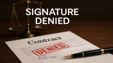 عقد قانوني ممهور بختم "مرفوض" بجانب ميزان العدالة، يرمز إلى رفض المحكمة لحجية التوقيع بسبب الإنكار.