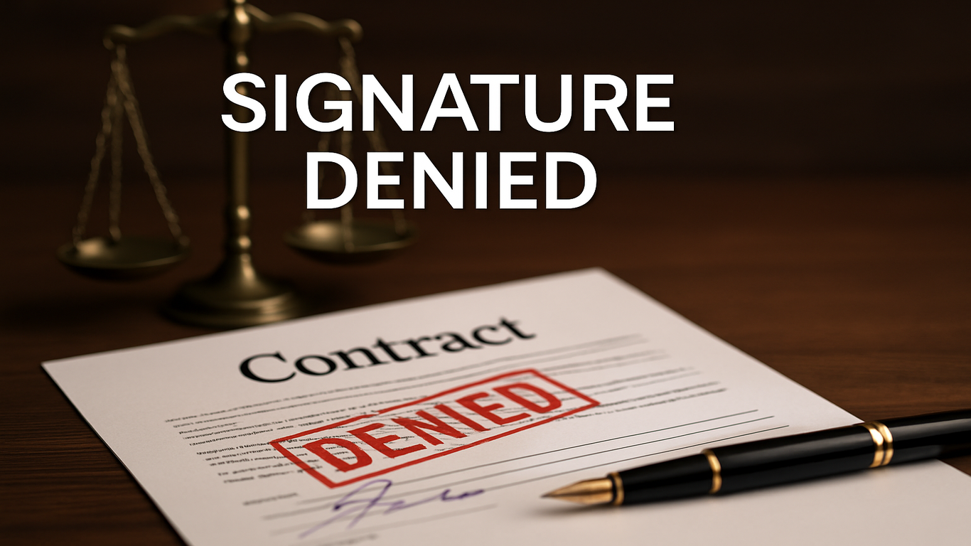 عقد قانوني ممهور بختم "مرفوض" بجانب ميزان العدالة، يرمز إلى رفض المحكمة لحجية التوقيع بسبب الإنكار.