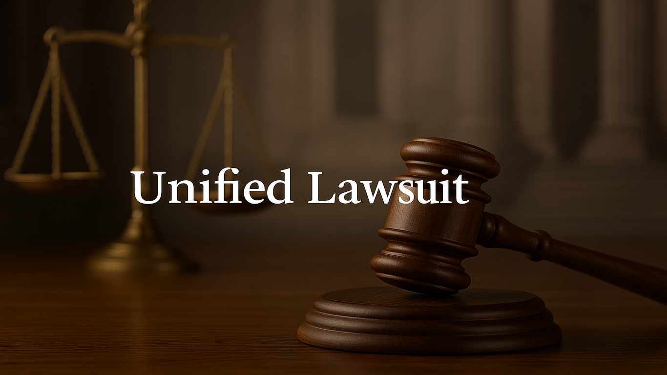 📝 النص البديل (Alt Text): مطرقة قاضي مع ميزان العدالة وخلفية محكمة وعنوان "Unified Lawsuit"